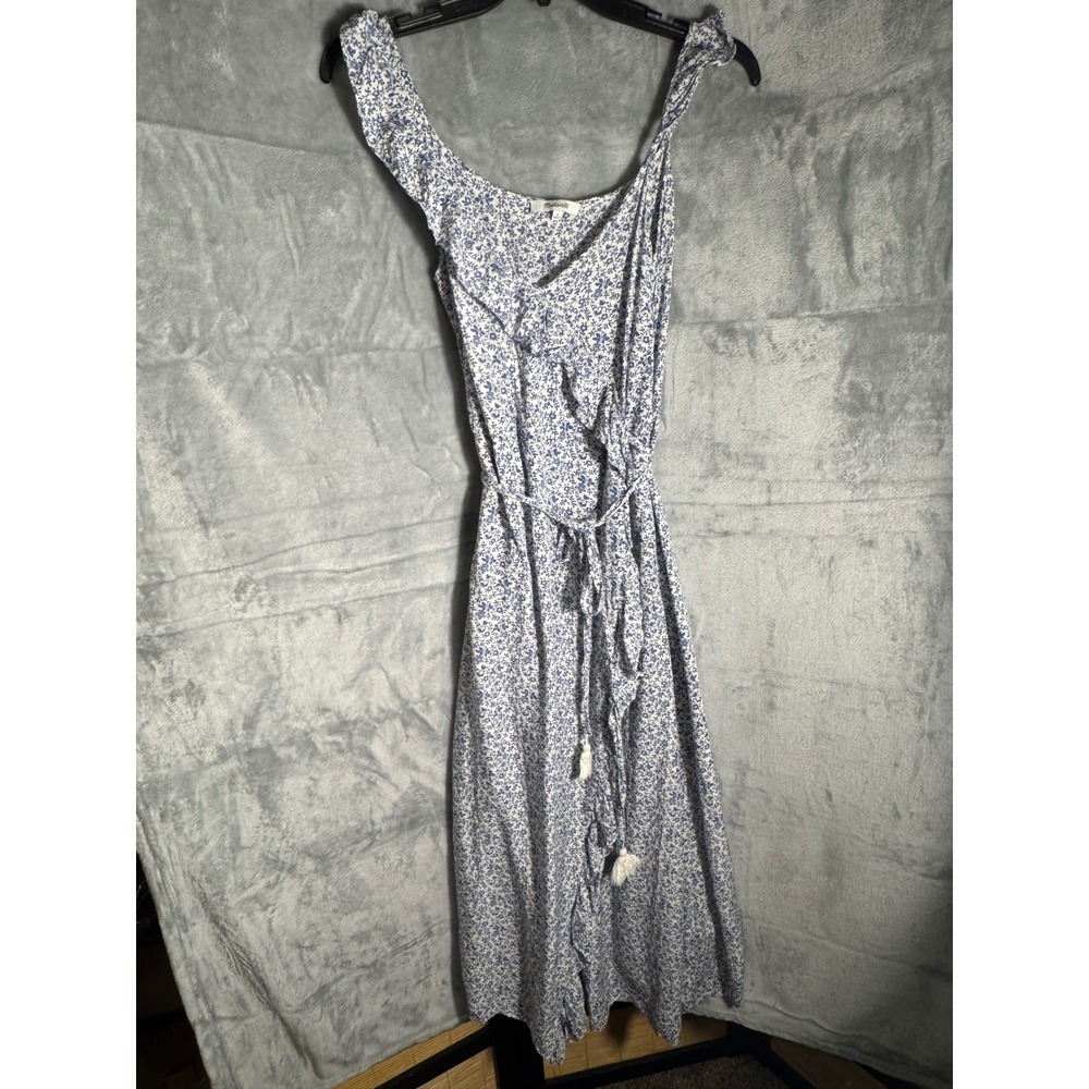 Madewell‎ Blue White Floral Ruffle Wrap Midi Dress Tassel Tie Size 6